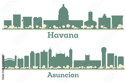 Abstract Asuncion Paraguay and Havana city skyline silhouette set with color buildings. Illustration.