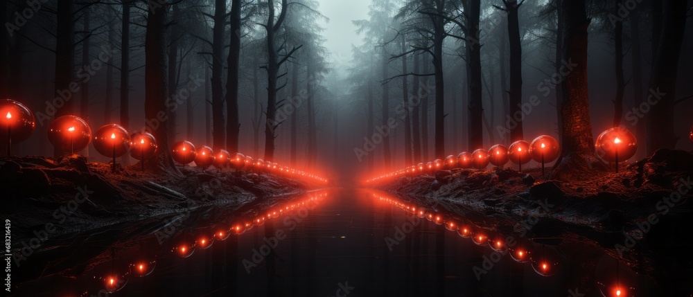 Mysterious forest in the fog blessed with red lights
