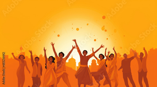 Illustration of hindu people celebrating at a Republic Day party in India on yellow background.