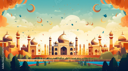 India Republic Day celebration. Taj Mahal watercolor style illustration. Travel destination. photo