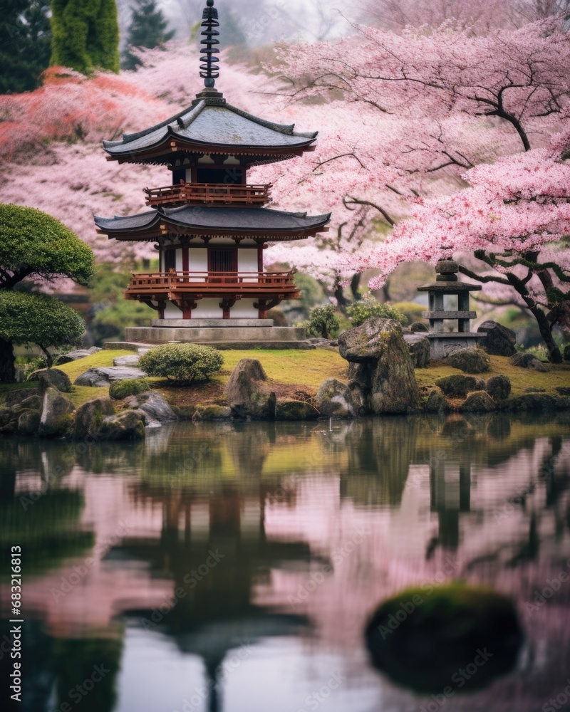 A japanese pagoda in the middle of a pond. Generative AI. A japanese pagoda in the middle of a pond. Generative AI.