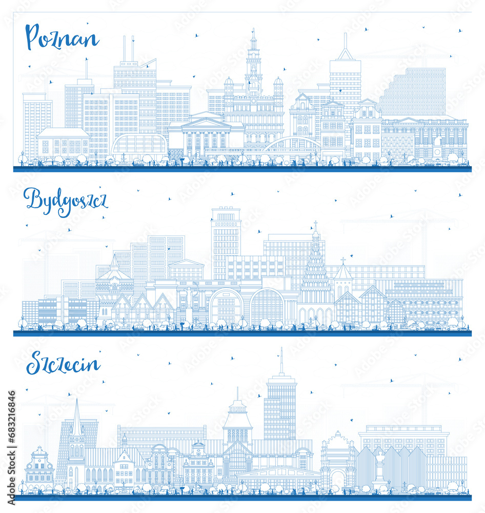 Outline Bydgoszcz, Szczecin and Poznan Poland City Skyline set with Blue Buildings. Cityscape with Landmarks.