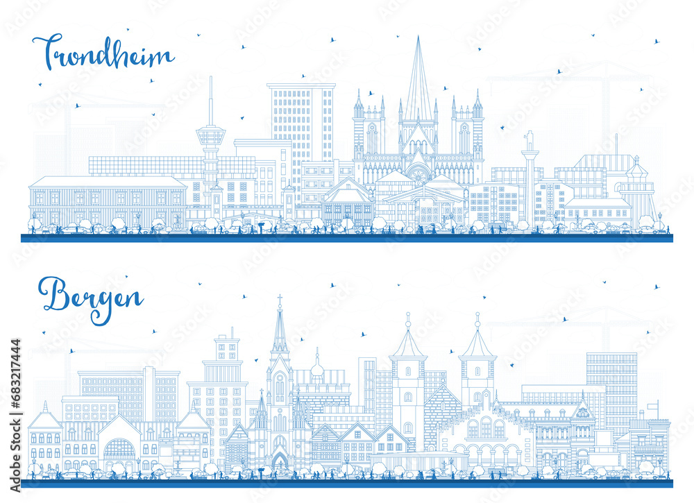 Outline Bergen and Trondheim Norway City Skyline set with Blue Buildings. Illustration. Cityscape with Landmarks.