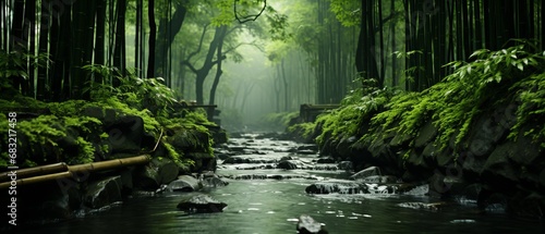 Dense green forest in the fog after the rain