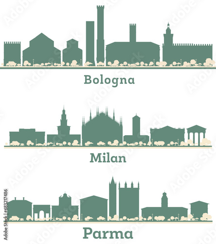 Abstract Parma, Milan and Bologna Italy City Skyline set with Color Landmarks. Business Travel and Tourism Concept with Historic Buildings.