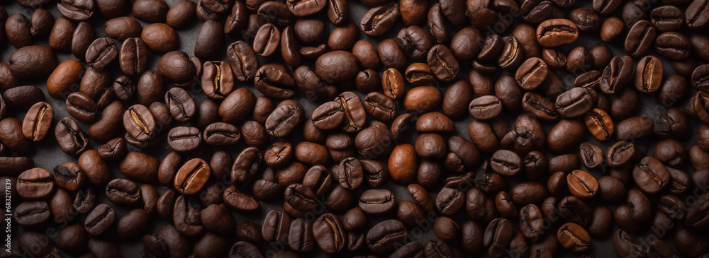 Fototapeta premium Fresh Coffee Beans With Dark Background, banner style