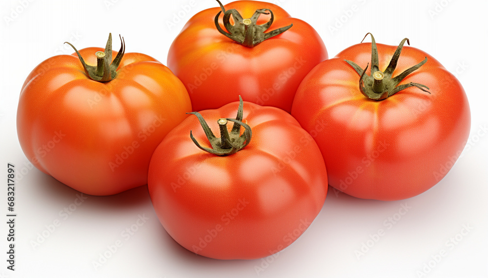 Cluster of four ripe tomatoes with green stems on white background. Cluster of four ripe tomatoes with green stems on white background.