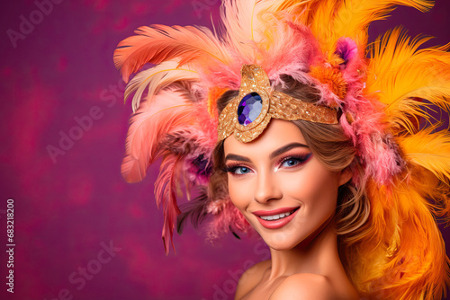 A woman wearing a colorful headdress with feathers for carnival created with generative AI technology