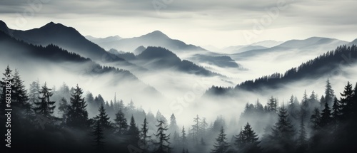 Mountain landscape with forest in fog