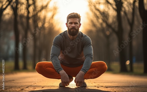 Adult Man Prepares with Stretching photo