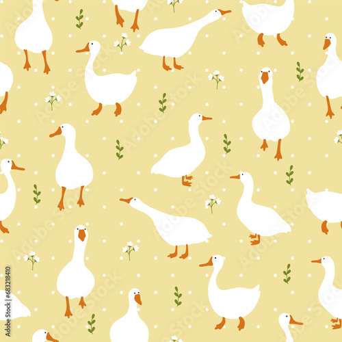 Seamless pattern with cute white gooses and flowers. Funny hand drawn print.