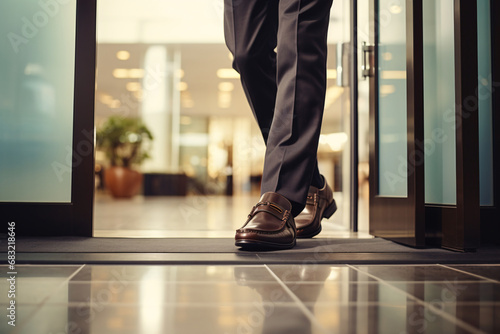  A close-up of a person's stylish footwear, stepping through the (revolving) door and entering a modern building. Capture the elegance and professionalism in the choice of shoes. photo