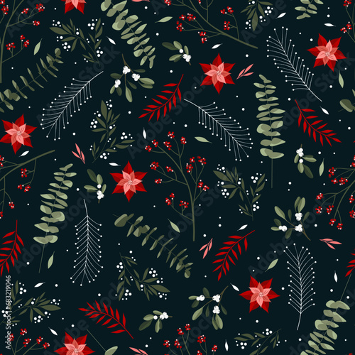 Seamless christmas winter doodle pattern with leaves and berries. For wrapping paper. Ideal for wallpaper, surface textures, textiles.