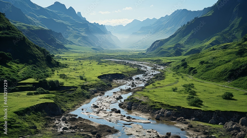 A valley with a river and mountains