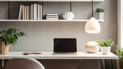 Modern home workspace desk setup with laptop lamp © UsamaR