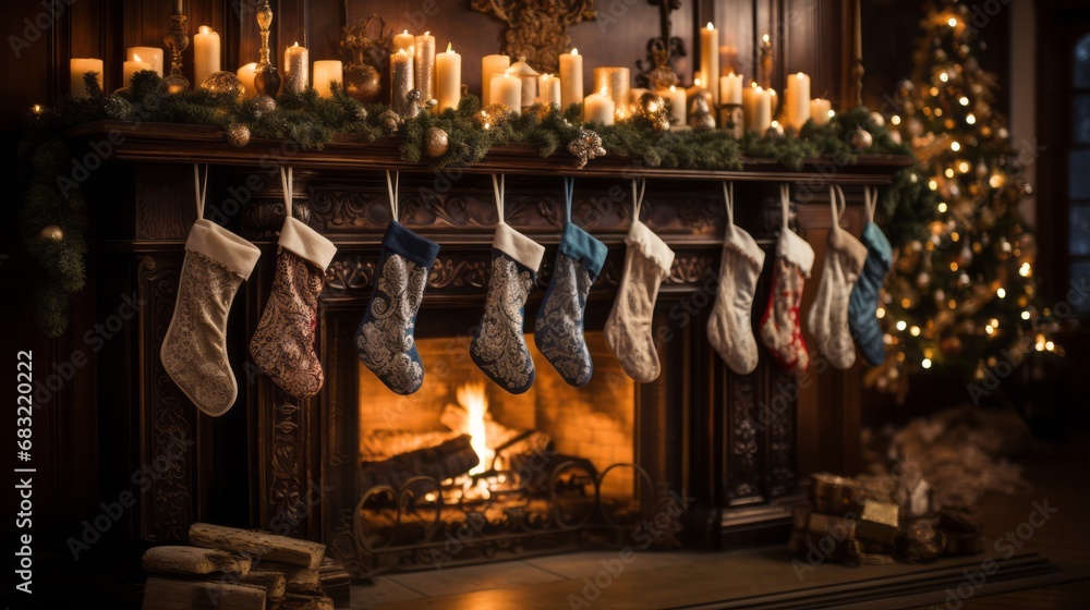 New Year's socks and a fireplace. Christmas atmosphere