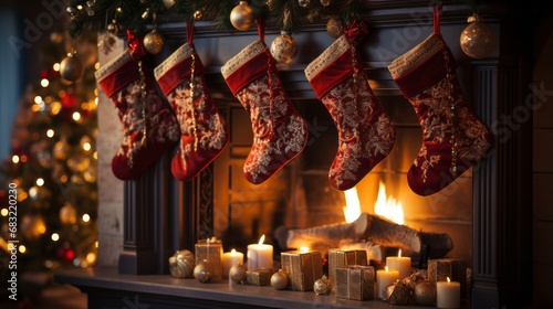 New Year's socks and a fireplace. Christmas atmosphere