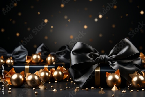 New Year decorations and gifts in dark colors on a black background