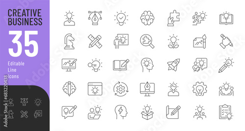 Creative Business Line Editable Icons set. Vector illustration in thin line modern style of creativity related icons: ideas, developments, innovations, design, and more. Isolated on white