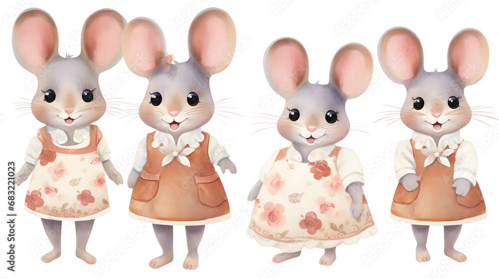Fototapeta premium Collection of adorable mice in watercolor style on white background