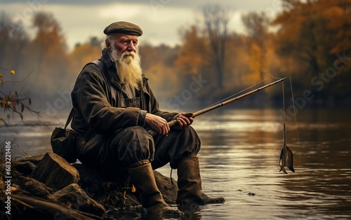 Elderly Man Fishing by River