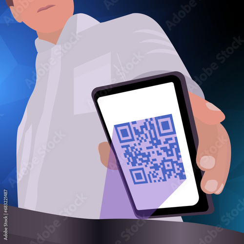 Scan the QR code for entrance control using a mobile credential solution. Mobile credential concept. Present and show QR code to the reader for scanning at the bottom view of a turnstile. Vector
