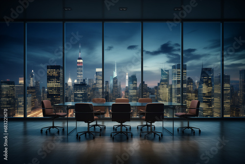 Panoramic modern office conference room cityscape background
