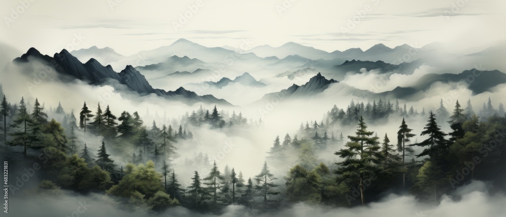 Dark forest in the fog, view from above