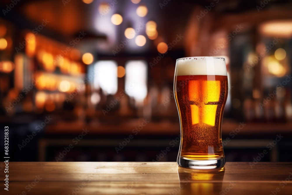 A close-up of a beer glass with a blurred bartender and bar in the background, featuring empty copy space A close-up of a beer glass with a blurred bartender and bar in the background, featuring empty copy space