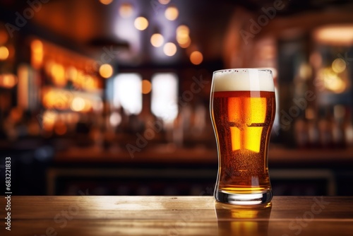 A close-up of a beer glass with a blurred bartender and bar in the background, featuring empty copy space
