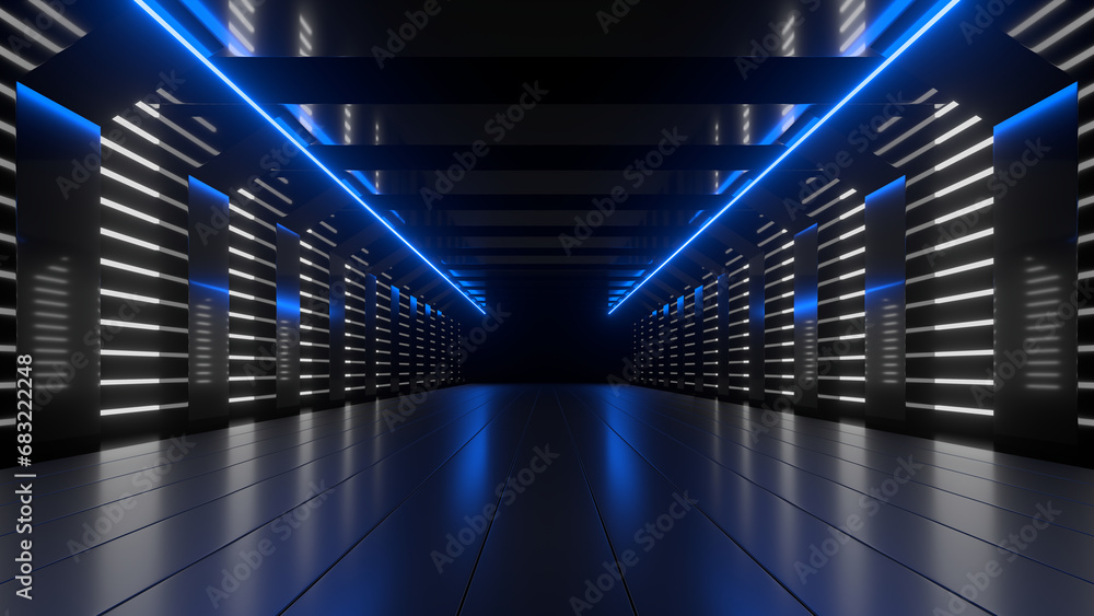 Sci Fi neon glowing lines in a dark tunnel. Reflections on the floor and ceiling. 3d rendering image. Abstract glowing lines. Technology futuristic background. Sci Fi neon glowing lines in a dark tunnel. Reflections on the floor and ceiling. 3d rendering image. Abstract glowing lines. Technology futuristic background.