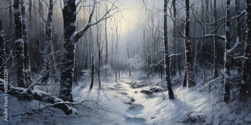 A winter story set in the heart of the forest captures the serene beauty and enchantment of the season. It might depict a tranquil scene where snow blankets the trees, creating a picturesque landscape
