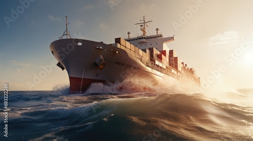 A cargo ship on the ocean waves photo realistic - Generative AI.