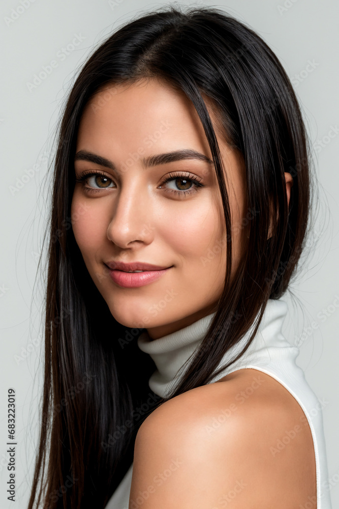 Portrait of beautiful italian women with long hair, white turtleneck and white background Portrait of beautiful italian women with long hair, white turtleneck and white background