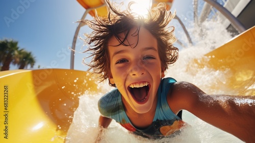 Portrait of a boy going down a waterslide photo