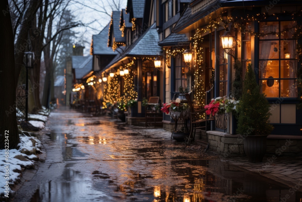 A cozy evening street in a New Year's atmosphere