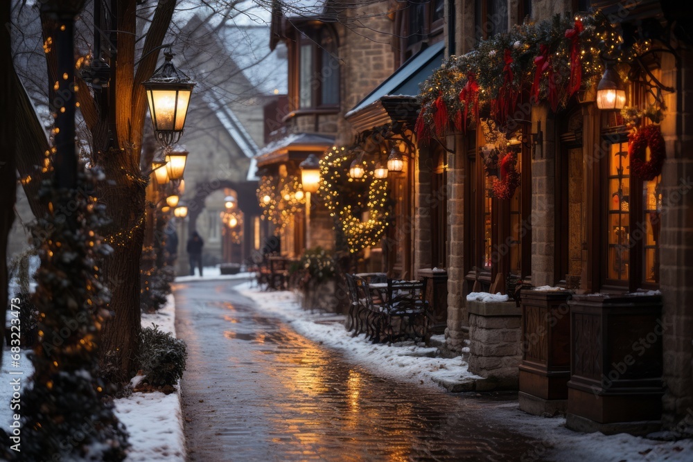 A cozy evening street in a New Year's atmosphere