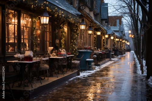 A cozy evening street in a New Year s atmosphere