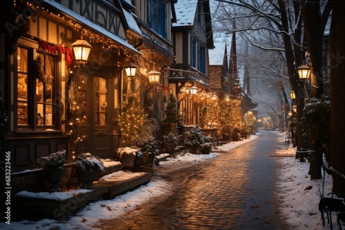 A cozy evening street in a New Year's atmosphere