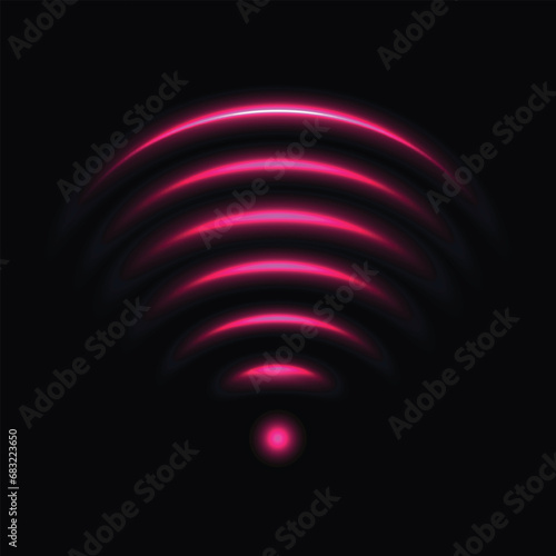 Wi-Fi light effect, pink glowing signal sensor waves internet wireless connection. Wireless technology digital radar or sonar with glowing light effect. Vector