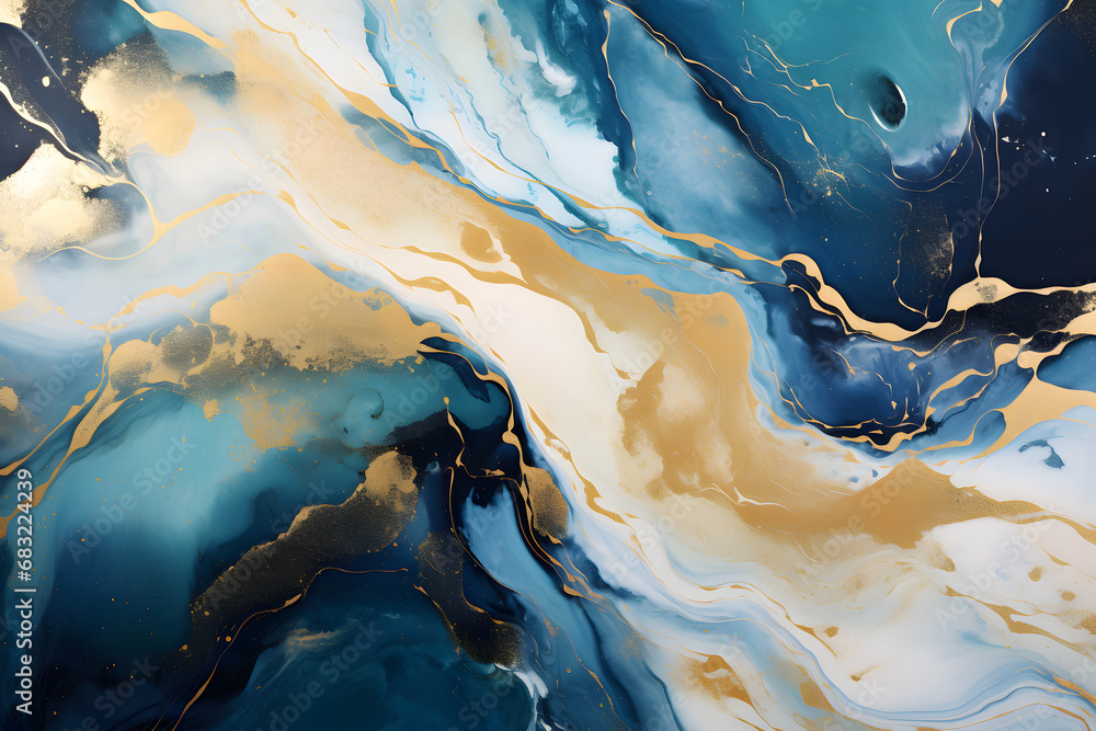 Abstract liquid marble background - Globally Inspired: Gold Swirls on Smooth Blue Marble