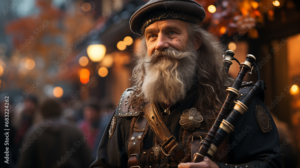 scotsman playing the bagpipes outdoors for tourists - obrazy, fototapety, plakaty 