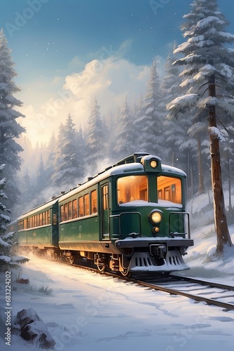 A train rides on rails in the earthy white nature with a lot of snow on the background of tall trees, fir trees and mountains in nature.