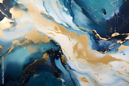 Abstract liquid marble background - Globally Inspired  Gold Swirls on Smooth Blue Marble