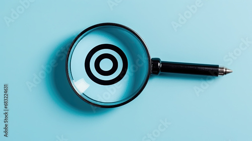 A Target board inside of magnifier glass for focus business objective on blue background and copy space.. Idea of leading to a goal learn to plan, achieve investment strategy success and improve perfo photo