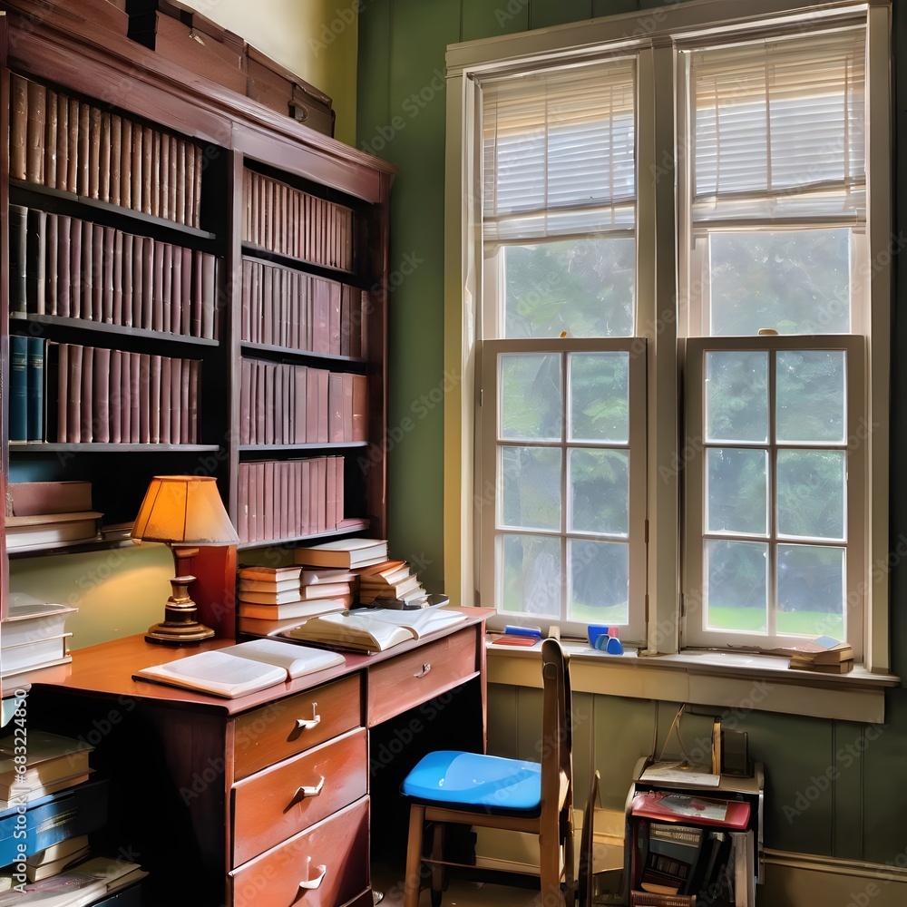 a study with a desk by the window and a bookshelf full of books a study with a desk by the window and a bookshelf full of books