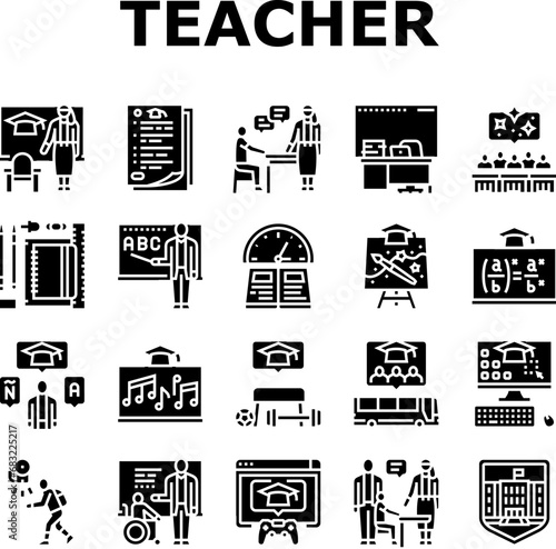 primary school teacher education icons set vector. classroom elementary, learning class, child people, children, desk boy, teaching primary school teacher education glyph pictogram Illustrations