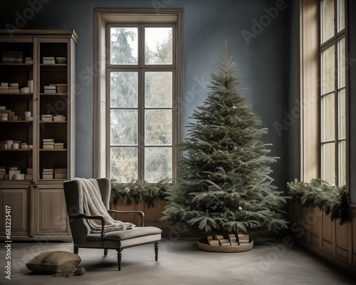 Living room with minimalistic Christmas tree