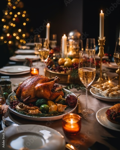 Candle lit festive Christmas  table with a turkey