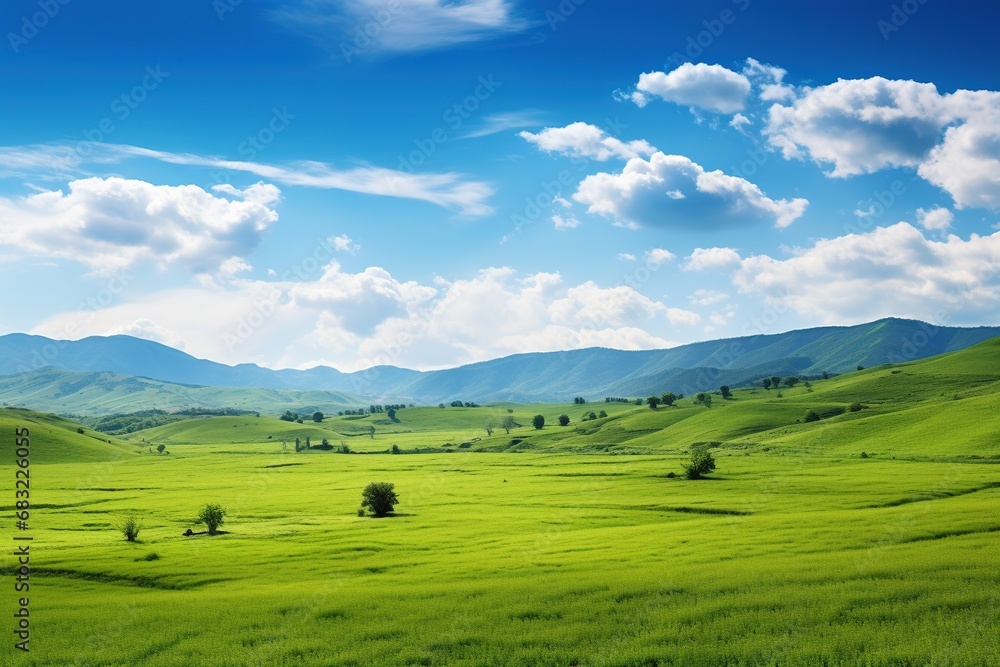 Fototapeta premium Beautiful landscape with green meadows and blue sky with clouds.